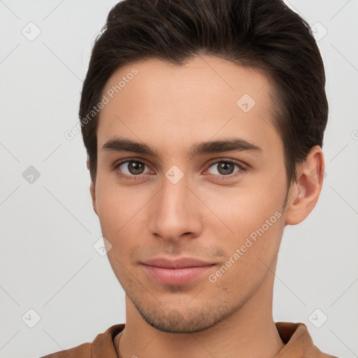 Neutral white young-adult male with short  brown hair and brown eyes