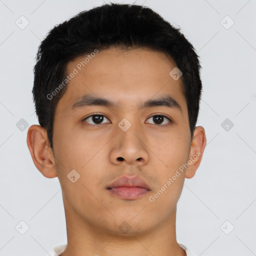 Neutral asian young-adult male with short  black hair and brown eyes