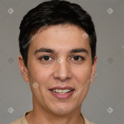 Joyful white young-adult male with short  black hair and brown eyes