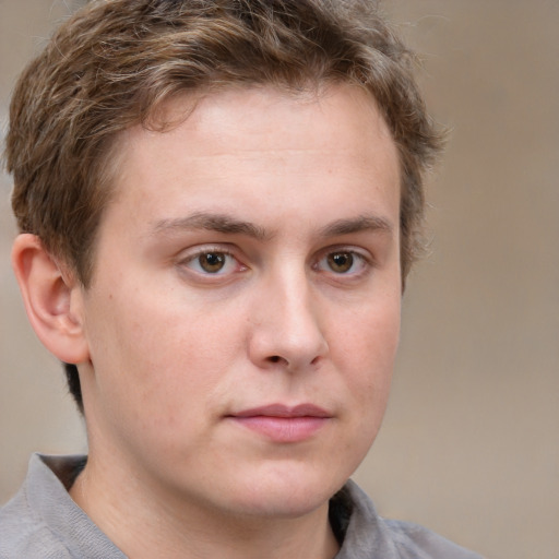 Neutral white young-adult male with short  brown hair and grey eyes