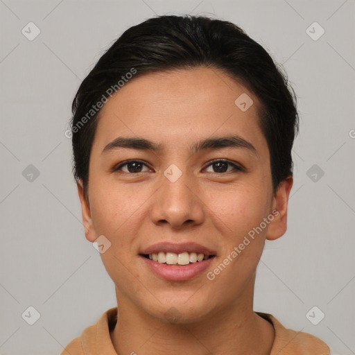 Joyful asian young-adult female with short  brown hair and brown eyes