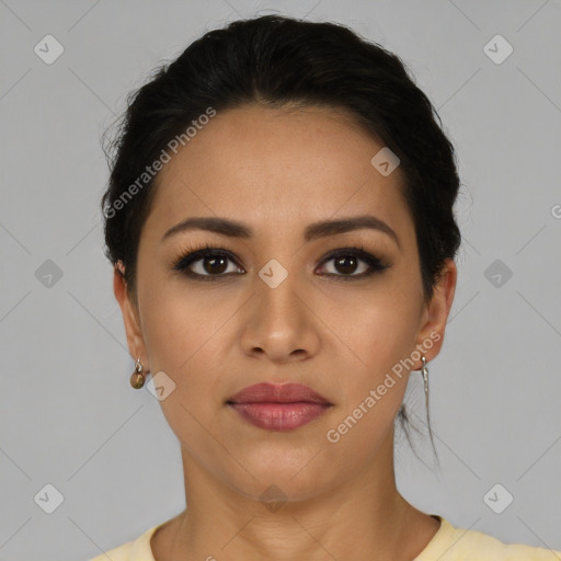 Joyful latino young-adult female with short  black hair and brown eyes