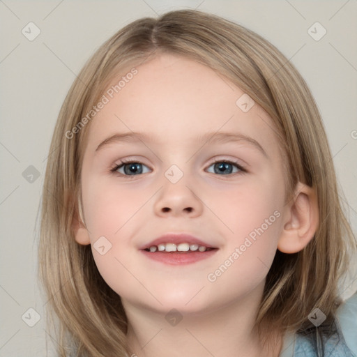 Joyful white child female with medium  brown hair and brown eyes