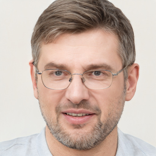 Joyful white adult male with short  brown hair and blue eyes