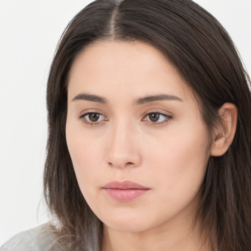 Neutral asian young-adult female with long  brown hair and brown eyes