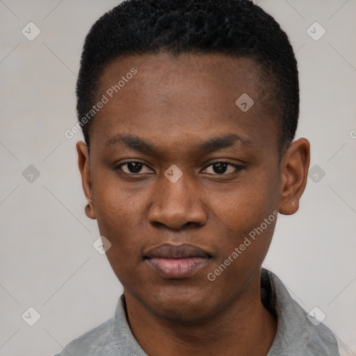 Neutral black young-adult male with short  black hair and brown eyes