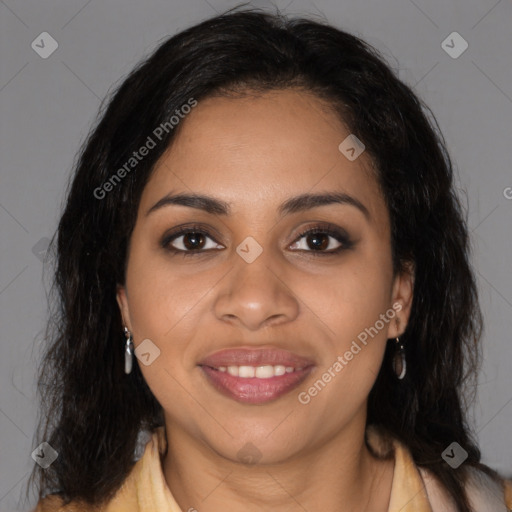 Joyful black young-adult female with medium  brown hair and brown eyes