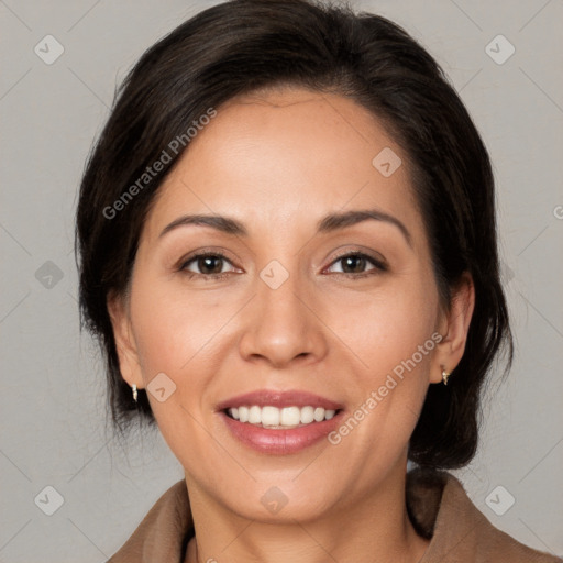 Joyful white adult female with medium  brown hair and brown eyes