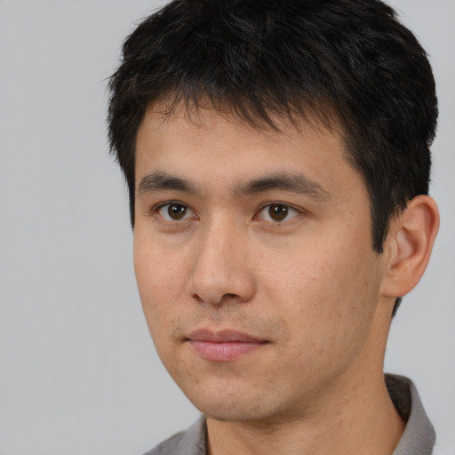 Neutral asian young-adult male with short  black hair and brown eyes