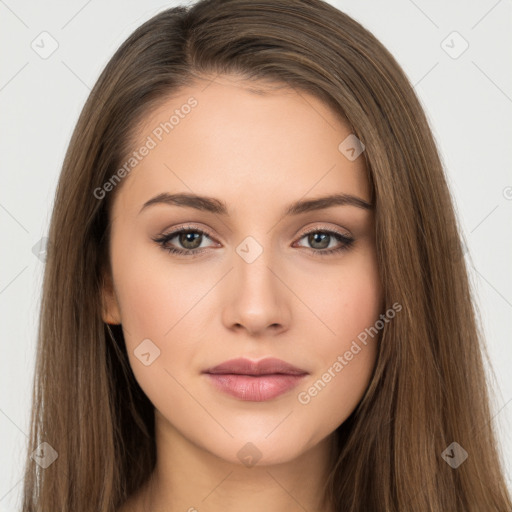 Neutral white young-adult female with long  brown hair and brown eyes