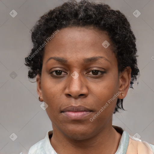 Neutral black young-adult female with short  brown hair and brown eyes