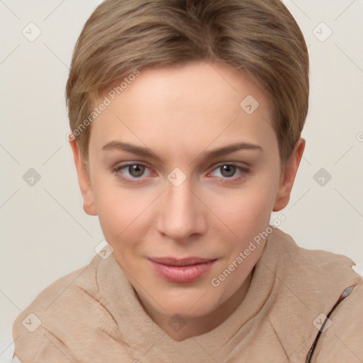 Joyful white young-adult female with short  brown hair and grey eyes