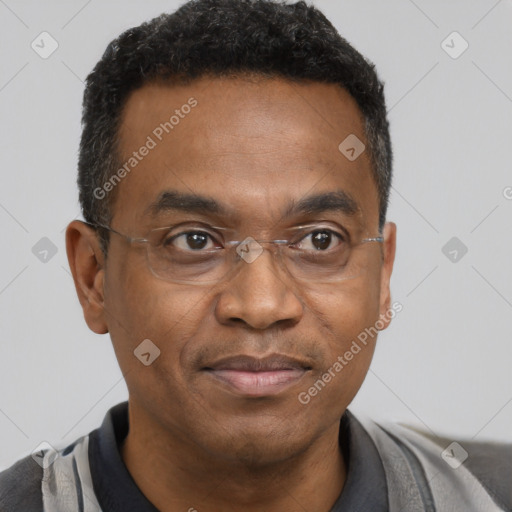 Joyful black adult male with short  brown hair and brown eyes