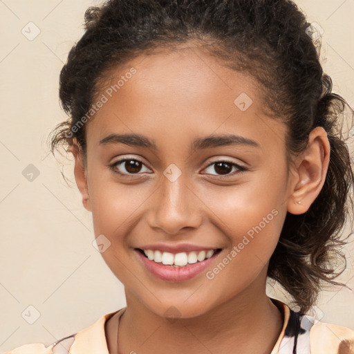 Joyful white child female with medium  brown hair and brown eyes