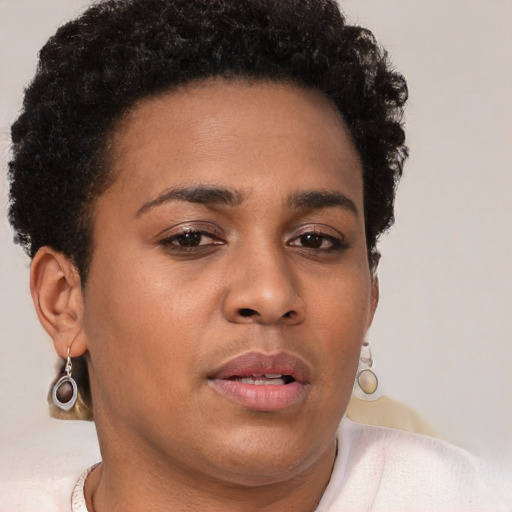 Neutral white young-adult female with short  brown hair and brown eyes