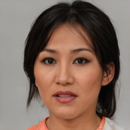 Joyful asian young-adult female with medium  brown hair and brown eyes