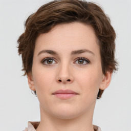 Neutral white young-adult female with short  brown hair and brown eyes