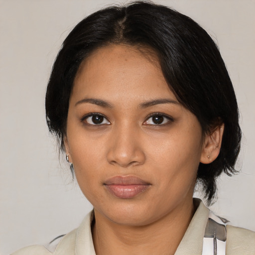 Neutral latino young-adult female with medium  black hair and brown eyes