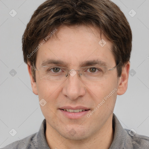 Joyful white adult male with short  brown hair and grey eyes