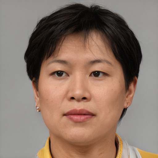 Joyful asian adult female with short  brown hair and brown eyes