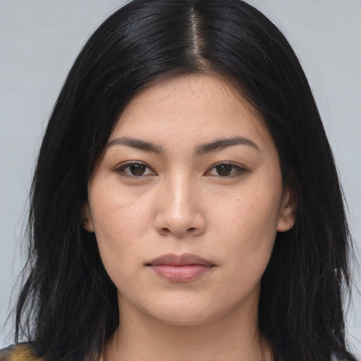 Neutral asian young-adult female with medium  black hair and brown eyes