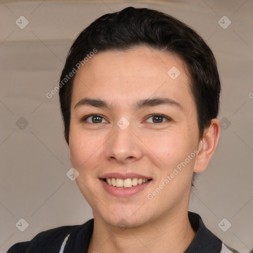 Joyful white young-adult female with short  brown hair and brown eyes