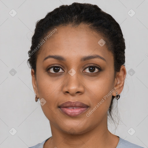 Joyful latino young-adult female with short  brown hair and brown eyes