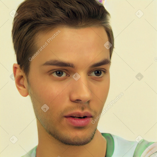 Neutral white young-adult male with short  brown hair and brown eyes