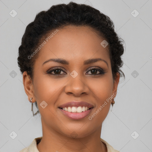 Joyful latino young-adult female with short  brown hair and brown eyes