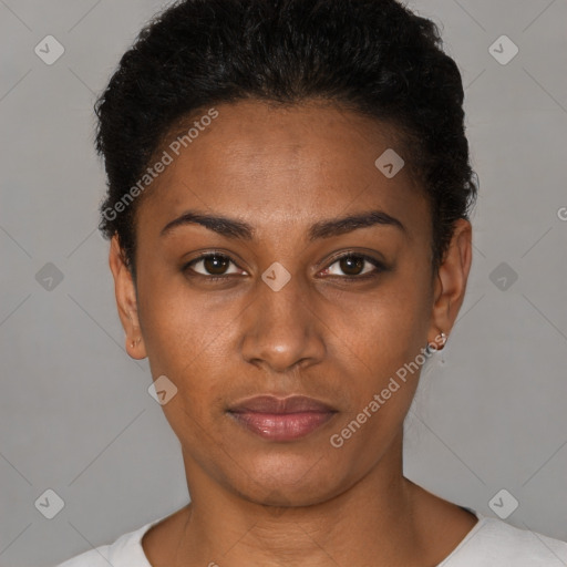 Neutral black young-adult female with short  black hair and brown eyes