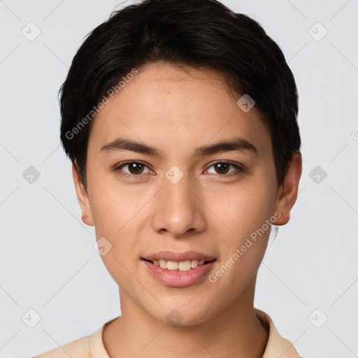 Joyful white young-adult female with short  brown hair and brown eyes