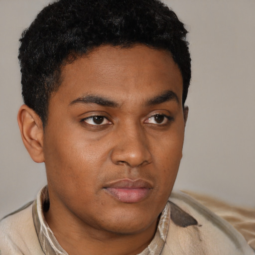 Neutral latino young-adult male with short  brown hair and brown eyes