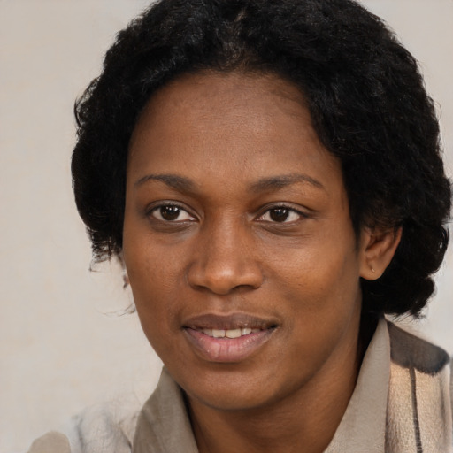 Joyful black adult female with short  black hair and brown eyes