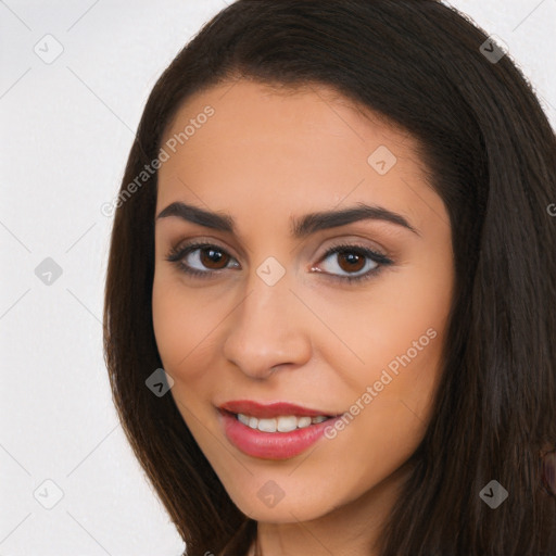 Joyful white young-adult female with long  brown hair and brown eyes