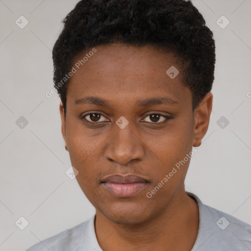 Neutral black young-adult male with short  black hair and brown eyes