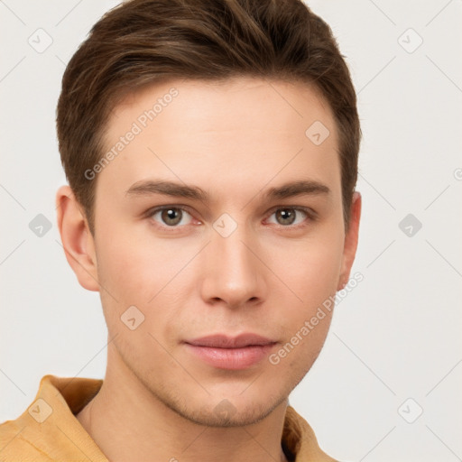 Neutral white young-adult male with short  brown hair and grey eyes