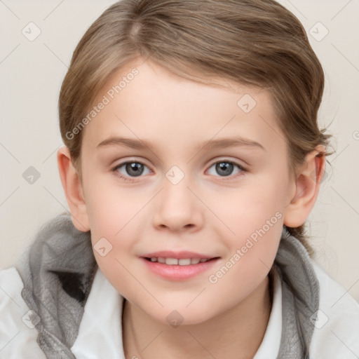 Joyful white child female with medium  brown hair and grey eyes