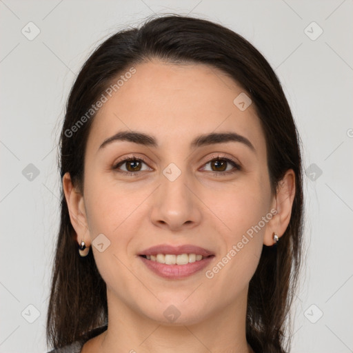 Joyful white young-adult female with medium  brown hair and brown eyes