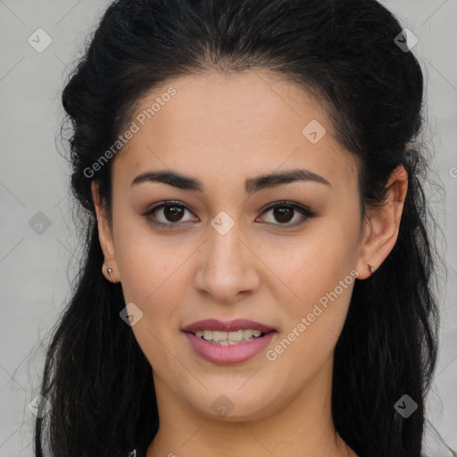 Joyful latino young-adult female with long  brown hair and brown eyes