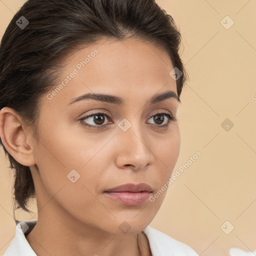 Neutral white young-adult female with medium  brown hair and brown eyes