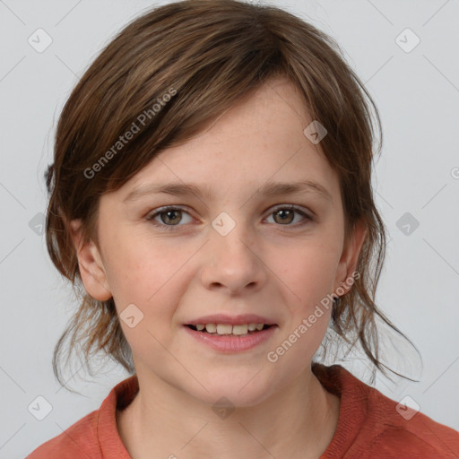 Joyful white child female with medium  brown hair and grey eyes