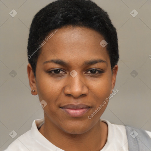 Joyful black young-adult female with short  black hair and brown eyes