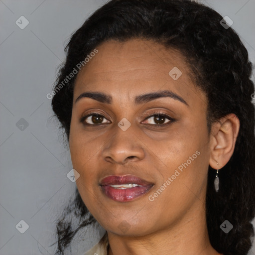 Joyful black young-adult female with medium  black hair and brown eyes