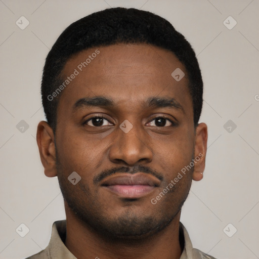 Neutral black young-adult male with short  black hair and brown eyes