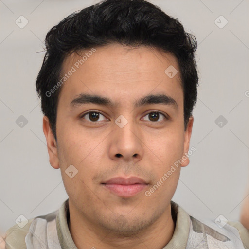 Neutral latino young-adult male with short  brown hair and brown eyes