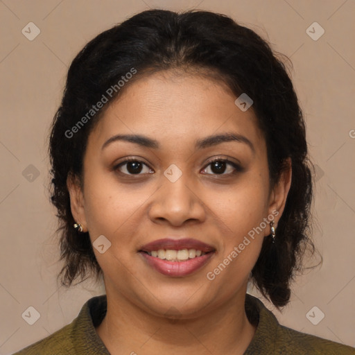 Joyful latino young-adult female with medium  brown hair and brown eyes