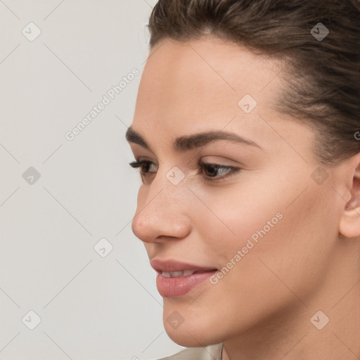 Neutral white young-adult female with short  brown hair and brown eyes