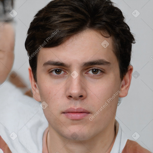 Neutral white young-adult male with short  brown hair and brown eyes