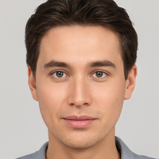 Neutral white young-adult male with short  brown hair and brown eyes