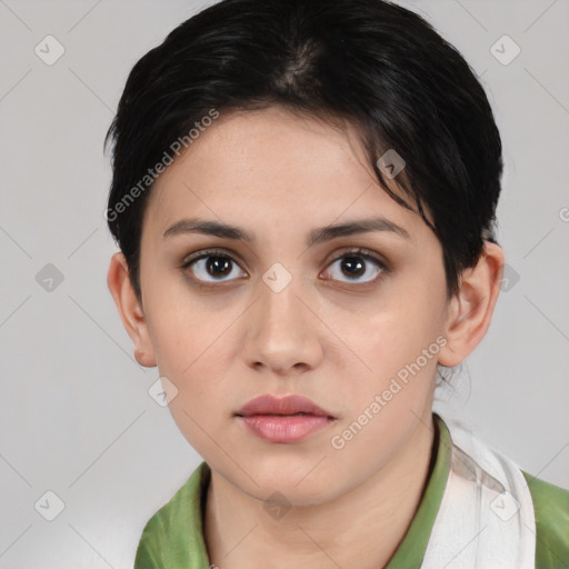 Neutral white young-adult female with medium  brown hair and brown eyes